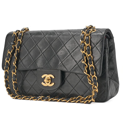 CHANEL Chain Shoulder Bag Matelasse 23cm Double Flap Lambskin Black Gold-Tone Hardware, Pre-Owned