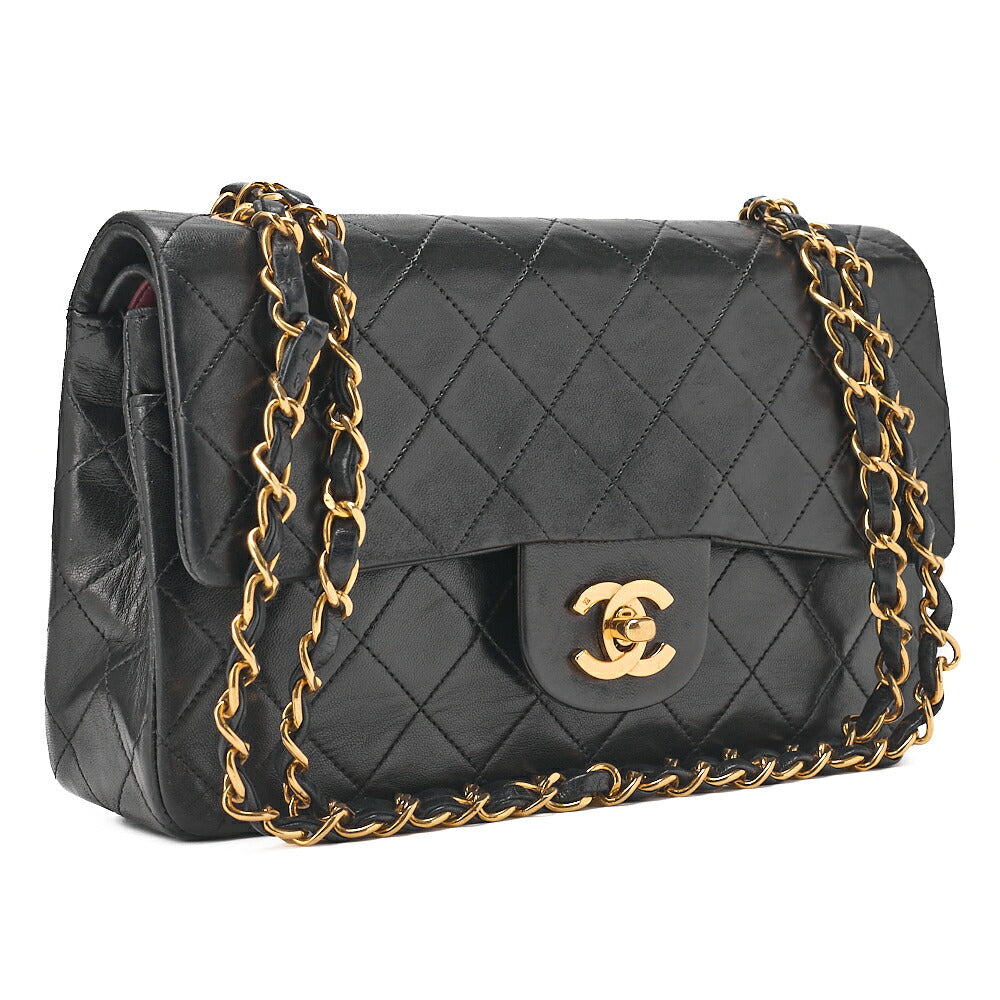 CHANEL Chain Shoulder Bag Matelasse 23cm Double Flap Lambskin Black Gold-Tone Hardware, Pre-Owned