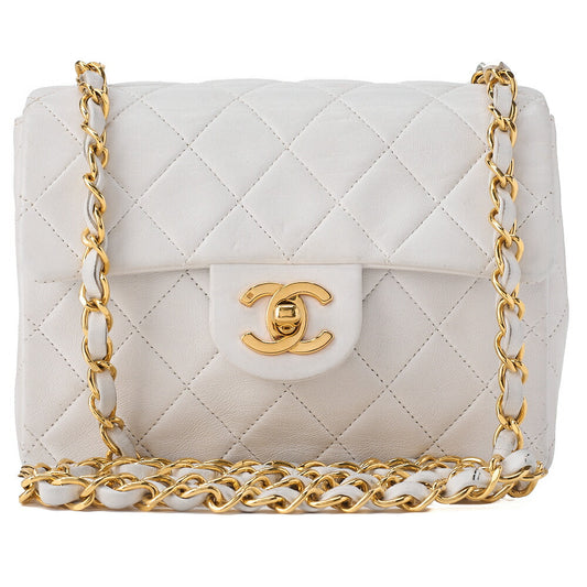 CHANEL Chain Shoulder Bag Mini Matrasse 17cm Lambskin White Single Flap Turnlock Gold-Tone Hardware, Pre-Owned
