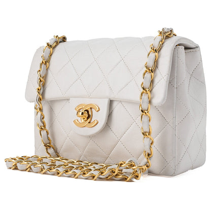 CHANEL Chain Shoulder Bag Mini Matrasse 17cm Lambskin White Single Flap Turnlock Gold-Tone Hardware, Pre-Owned