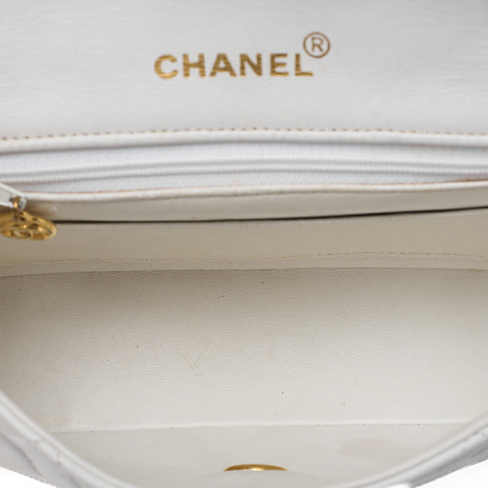 CHANEL Chain Shoulder Bag Mini Matrasse 17cm Lambskin White Single Flap Turnlock Gold-Tone Hardware, Pre-Owned