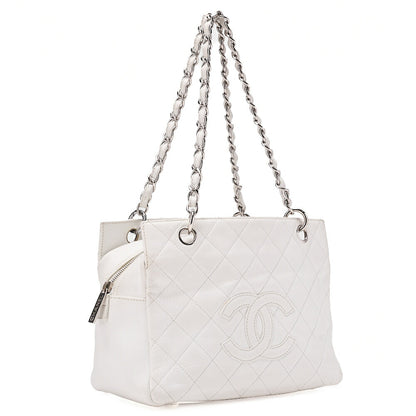 CHANEL Tote Bag Matelasse Lambskin Double Chain Shoulder PTT White Silver-Tone Hardware, Pre-Owned