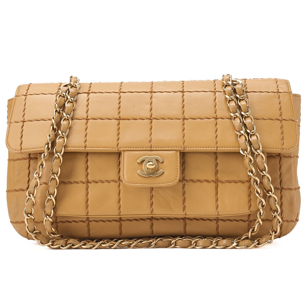 CHANEL Chain Shoulder Bag Chocolate Bar Wild Stitch Lambskin Beige Gold-Tone Hardware, Pre-Owned