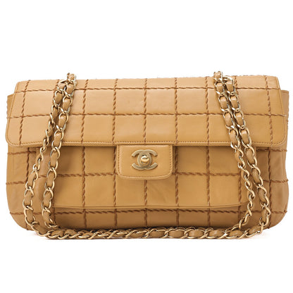 CHANEL Chain Shoulder Bag Chocolate Bar Wild Stitch Lambskin Beige Gold-Tone Hardware, Pre-Owned