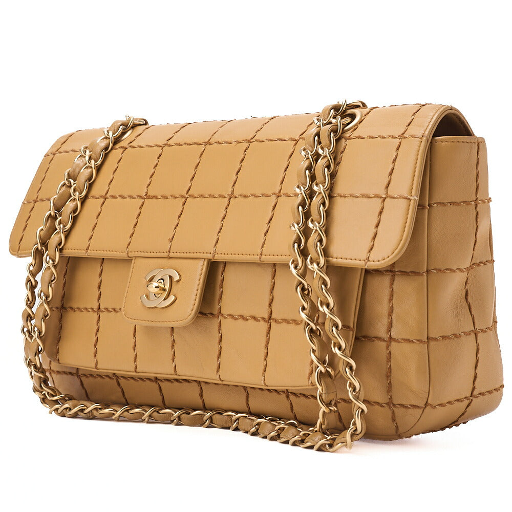 CHANEL Chain Shoulder Bag Chocolate Bar Wild Stitch Lambskin Beige Gold-Tone Hardware, Pre-Owned