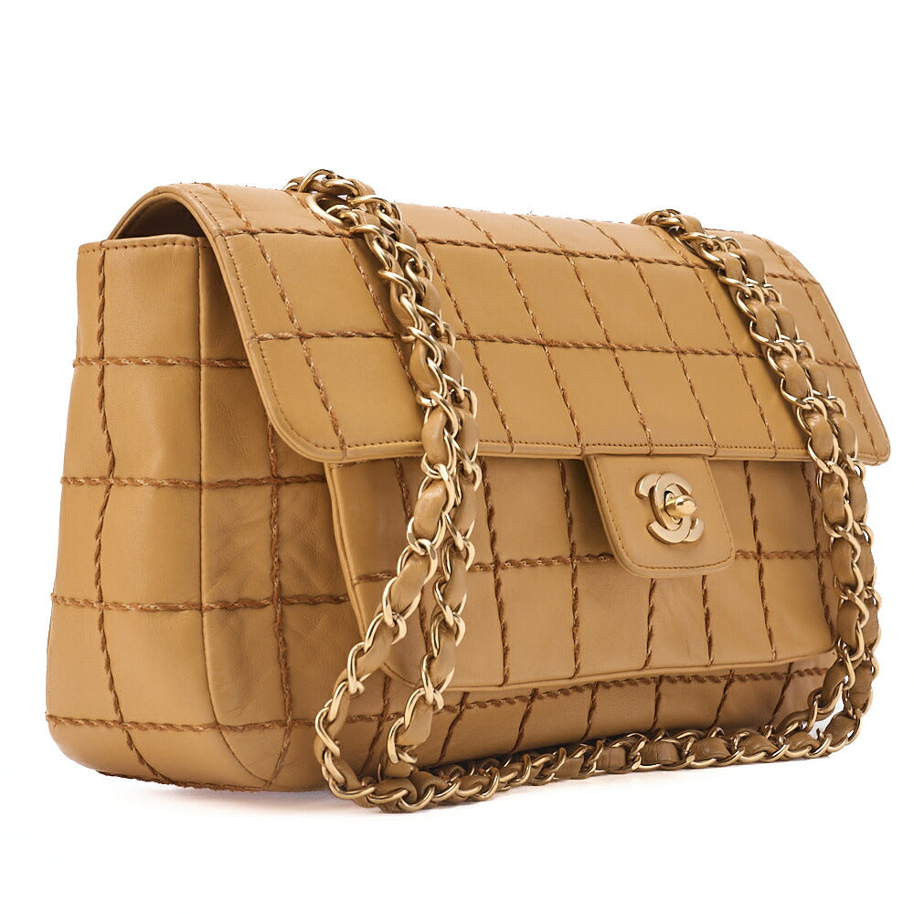 CHANEL Chain Shoulder Bag Chocolate Bar Wild Stitch Lambskin Beige Gold-Tone Hardware, Pre-Owned