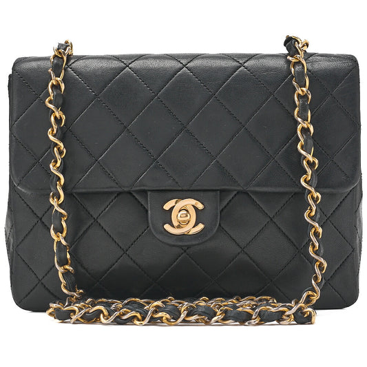 CHANEL Chain Shoulder Bag Single Mini Matrasse 20cm Lambskin Black Gold-Tone Hardware, Pre-Owned