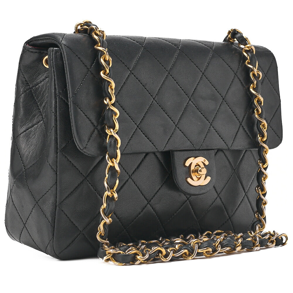CHANEL Chain Shoulder Bag Single Mini Matrasse 20cm Lambskin Black Gold-Tone Hardware, Pre-Owned