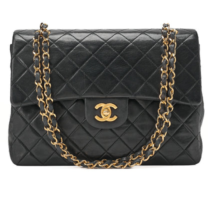 CHANEL Lambskin Matelasse 25cm Double Flap Chain Shoulder Black Gold-Tone Hardware, Pre-Owned