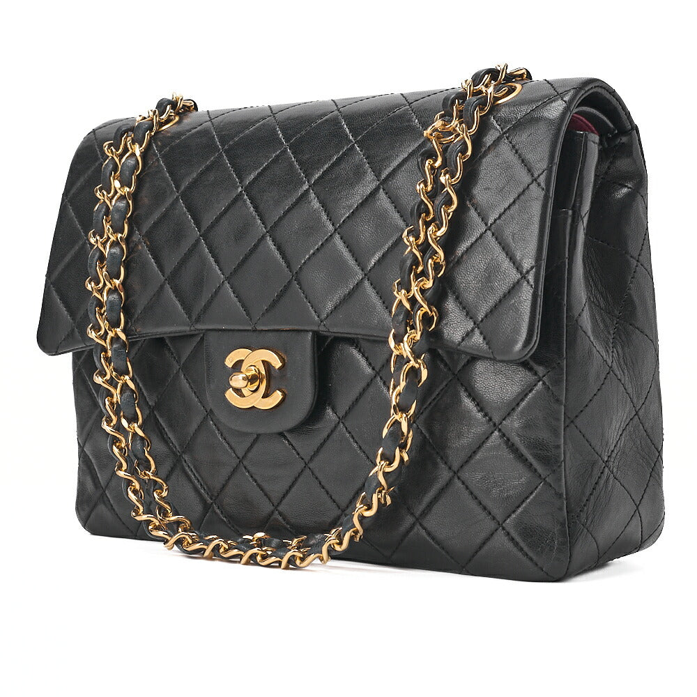 CHANEL Lambskin Matelasse 25cm Double Flap Chain Shoulder Black Gold-Tone Hardware, Pre-Owned