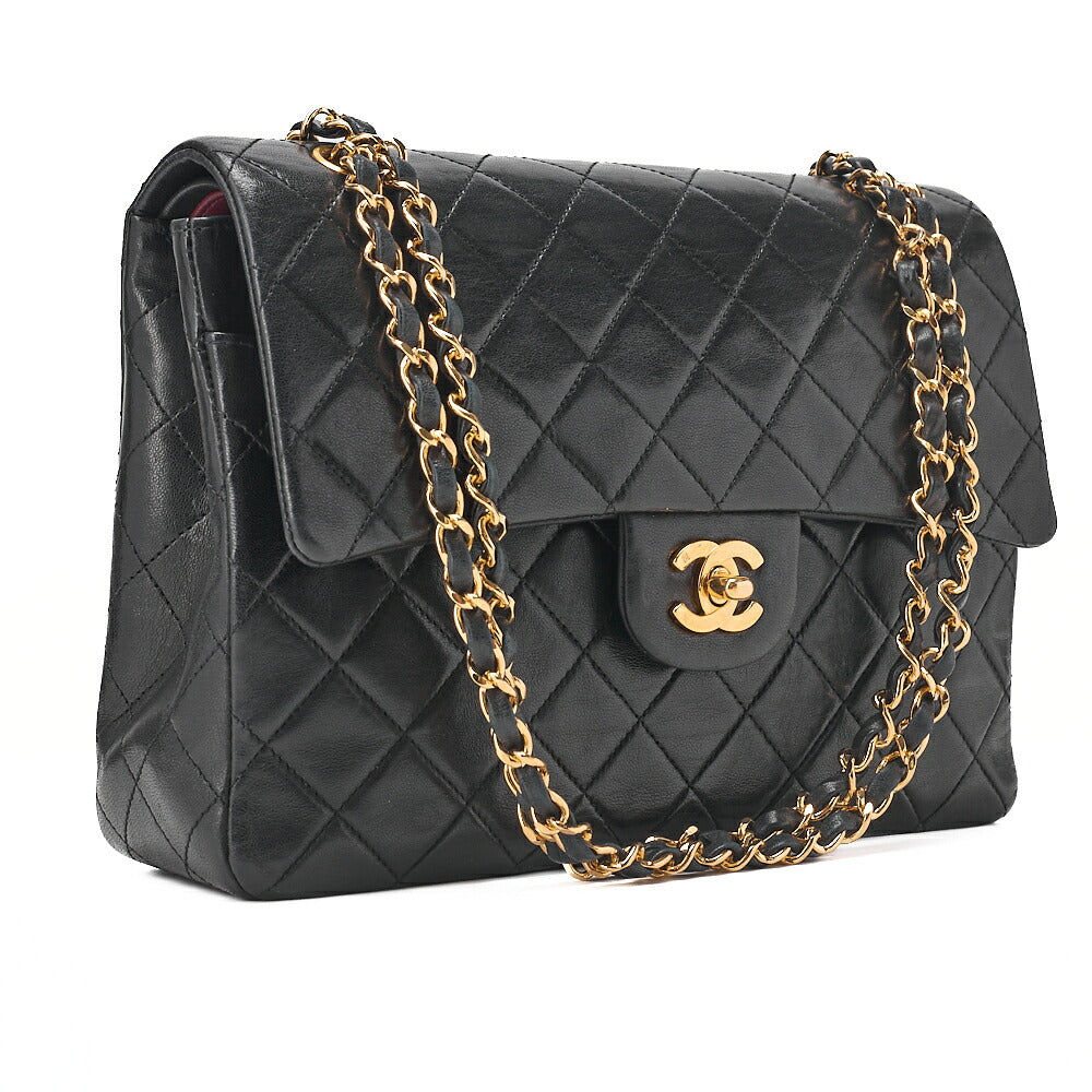 CHANEL Lambskin Matelasse 25cm Double Flap Chain Shoulder Black Gold-Tone Hardware, Pre-Owned