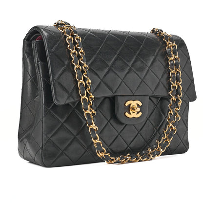 CHANEL Lambskin Matelasse 25cm Double Flap Chain Shoulder Black Gold-Tone Hardware, Pre-Owned