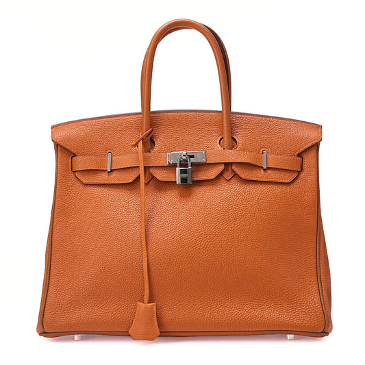 HERMES Birkin 35 Handbag Togo Orange Silver-Tone Hardware, Pre-Owned