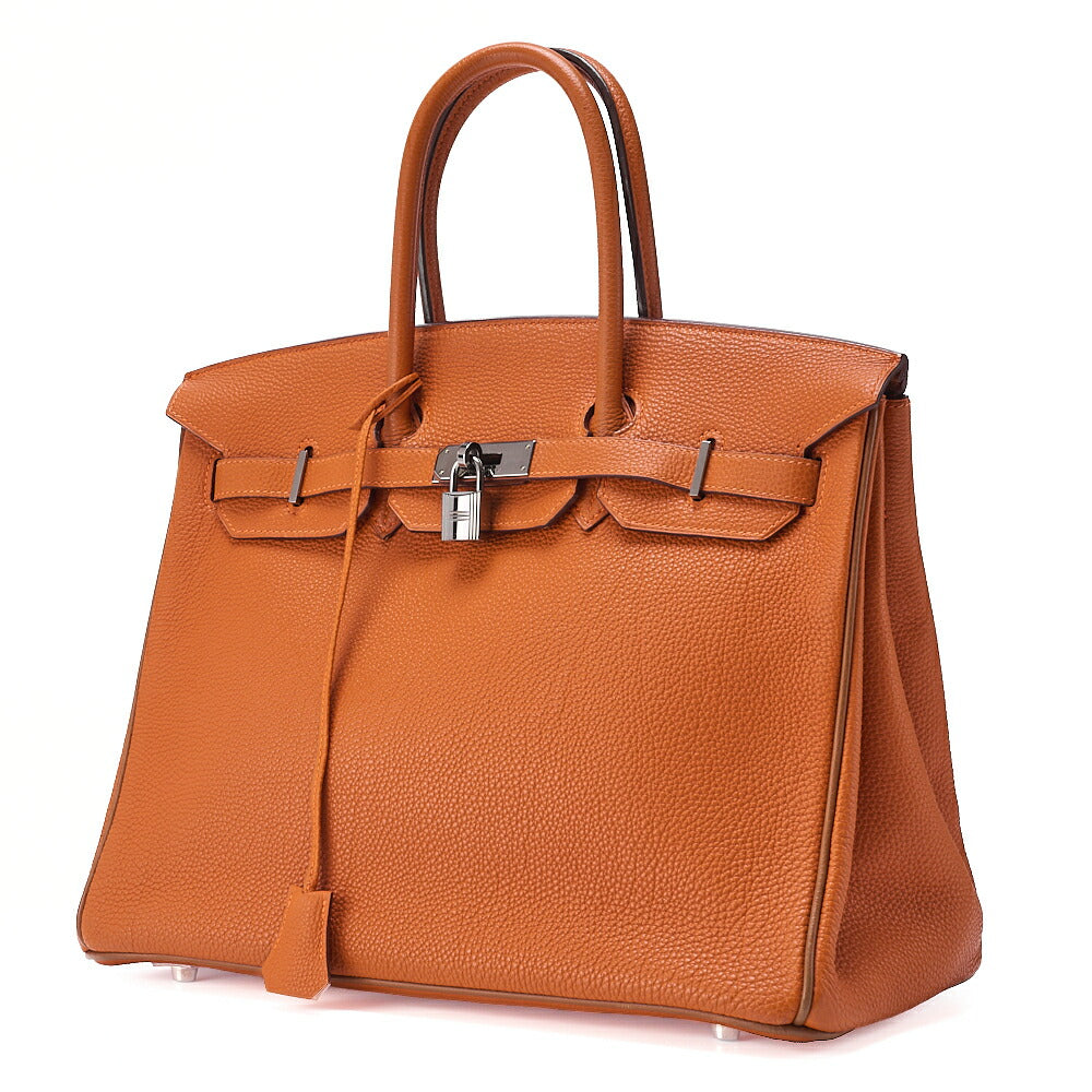 HERMES Birkin 35 Handbag Togo Orange Silver-Tone Hardware, Pre-Owned