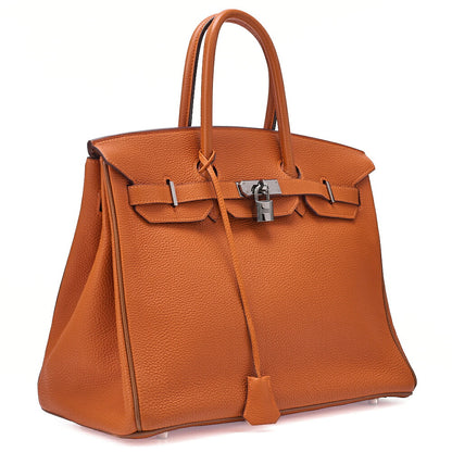 HERMES Birkin 35 Handbag Togo Orange Silver-Tone Hardware, Pre-Owned