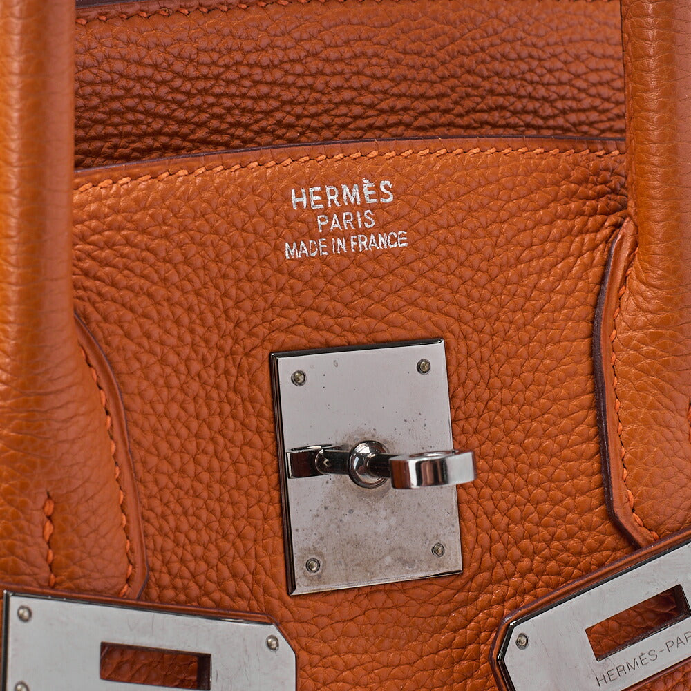 HERMES Birkin 35 Handbag Togo Orange Silver-Tone Hardware, Pre-Owned