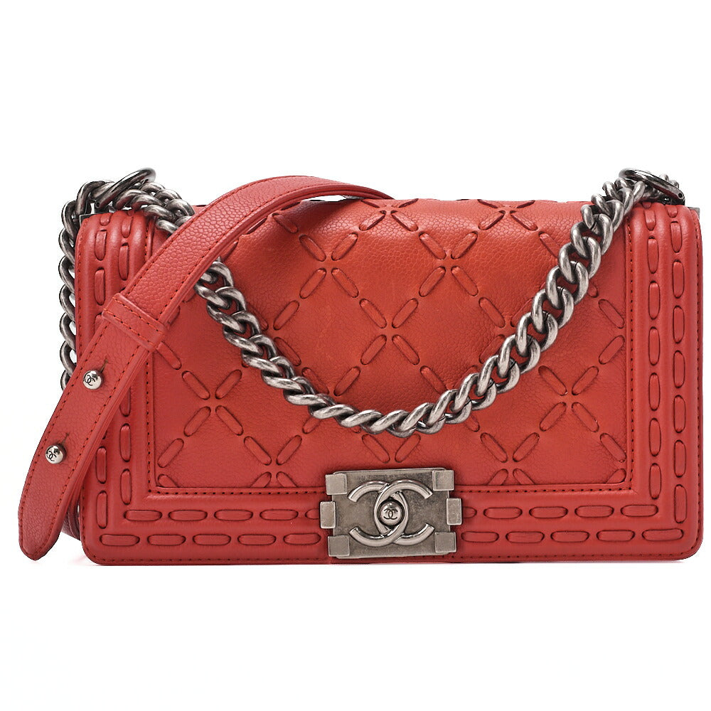 CHANEL Boy Chanel Matelasse Chain Shoulder Caviar Skin Orange Silver-Tone Hardware, Pre-Owned