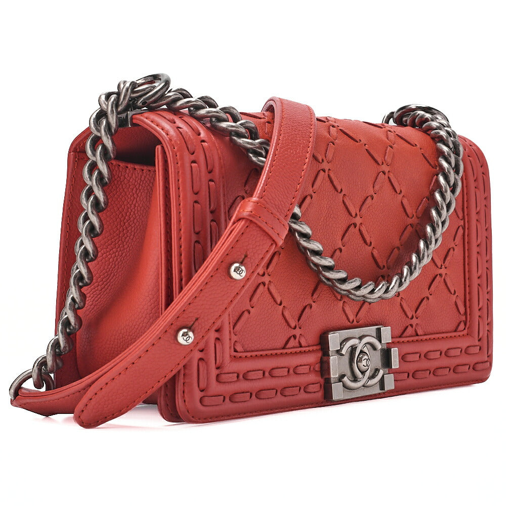 CHANEL Boy Chanel Matelasse Chain Shoulder Caviar Skin Orange Silver-Tone Hardware, Pre-Owned