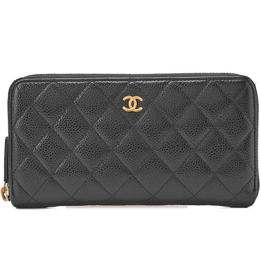 CHANEL Matelasse Round Long Wallet Caviar Skin Black Gold-Tone Hardware, Pre-Owned