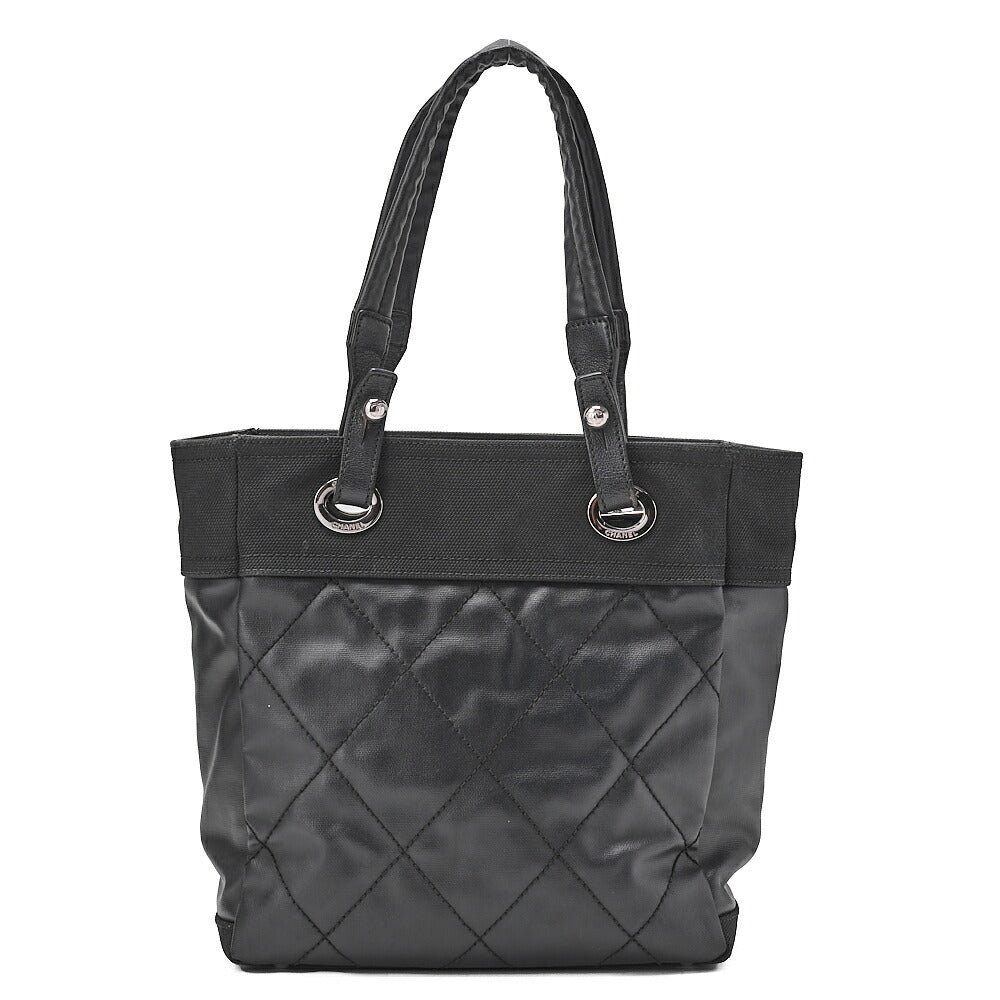 CHANEL Tote Bag Coated Canvas Paris Ritz PM Coco Charm Black Silver-Tone Hardware, Pre-Owned