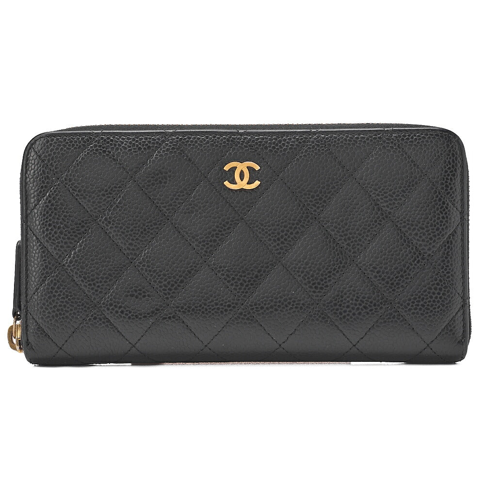 CHANEL Matelasse Round Long Wallet Caviar Skin Black Gold-Tone Hardware, Pre-Owned