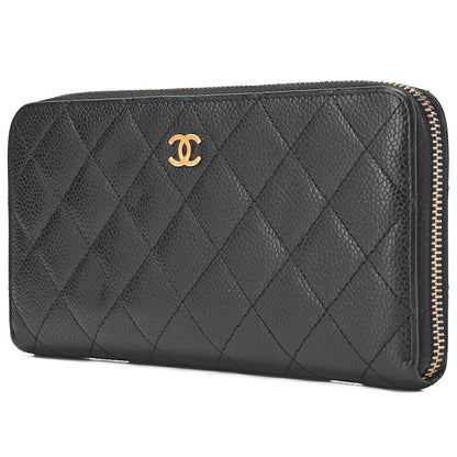 CHANEL Matelasse Round Long Wallet Caviar Skin Black Gold-Tone Hardware, Pre-Owned