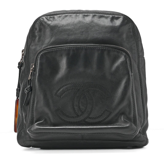 CHANEL Coco Mark Tortoiseshell Plate Backpack Lambskin Black Silver-Tone Hardware, Pre-Owned