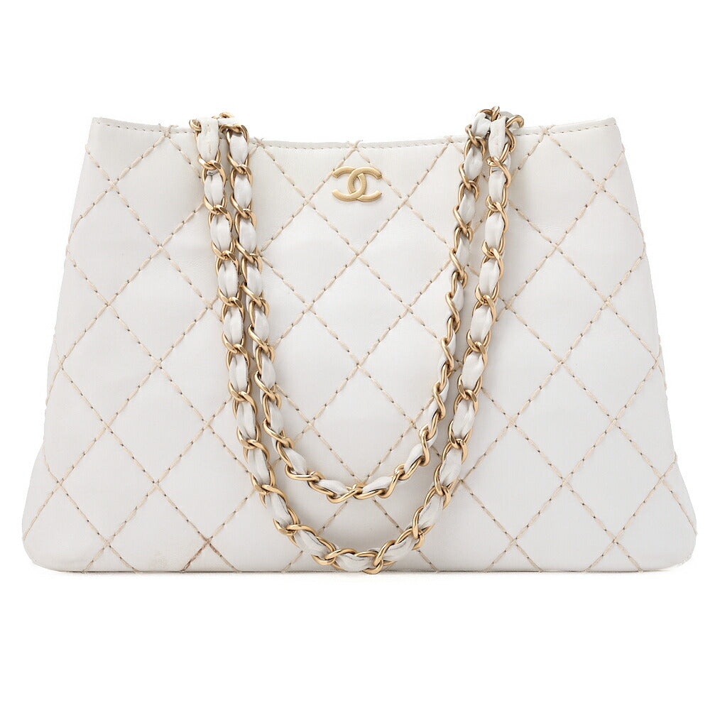 CHANEL Matelasse Wild Stitch Chain Tote Bag Calf White Gold-Tone Hardware, Pre-Owned
