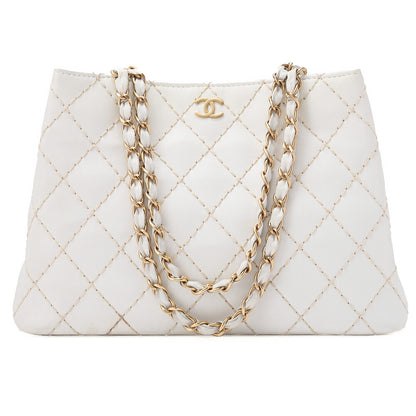 CHANEL Matelasse Wild Stitch Chain Tote Bag Calf White Gold-Tone Hardware, Pre-Owned