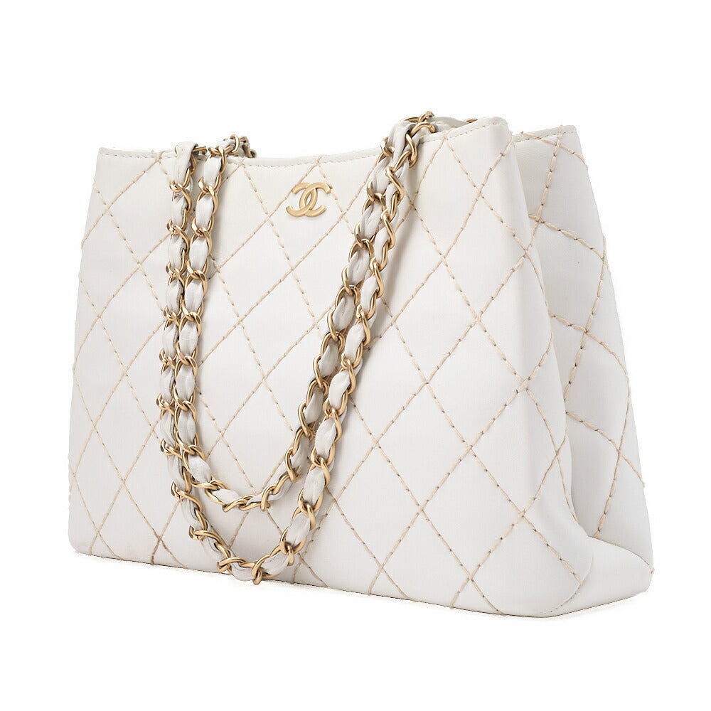 CHANEL Matelasse Wild Stitch Chain Tote Bag Calf White Gold-Tone Hardware, Pre-Owned