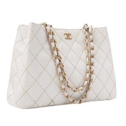 CHANEL Matelasse Wild Stitch Chain Tote Bag Calf White Gold-Tone Hardware, Pre-Owned