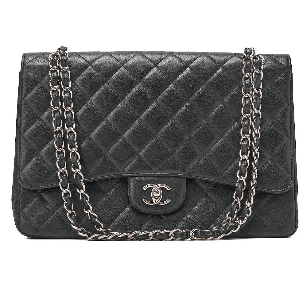 CHANEL Caviar Skin Deca Mattasse 33cm Single Flap Chain Shoulder Bag Black Silver-Tone Hardware, Pre-Owned