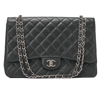 CHANEL Caviar Skin Deca Mattasse 33cm Single Flap Chain Shoulder Bag Black Silver-Tone Hardware, Pre-Owned