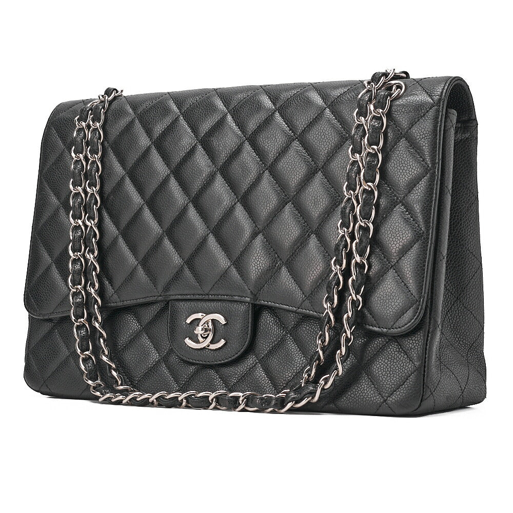 CHANEL Caviar Skin Deca Mattasse 33cm Single Flap Chain Shoulder Bag Black Silver-Tone Hardware, Pre-Owned