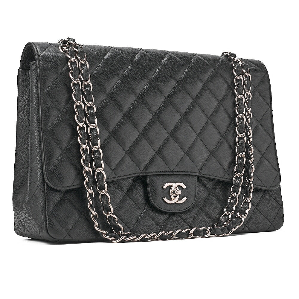 CHANEL Caviar Skin Deca Mattasse 33cm Single Flap Chain Shoulder Bag Black Silver-Tone Hardware, Pre-Owned