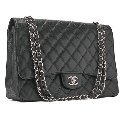 CHANEL Caviar Skin Deca Mattasse 33cm Single Flap Chain Shoulder Bag Black Silver-Tone Hardware, Pre-Owned