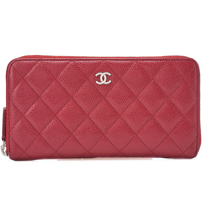 CHANEL Matrasse Round Long Wallet Caviar Skin Red Silver-Tone Hardware, Pre-Owned