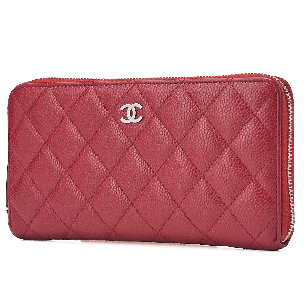 CHANEL Matrasse Round Long Wallet Caviar Skin Red Silver-Tone Hardware, Pre-Owned
