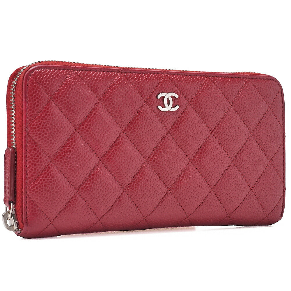 CHANEL Matrasse Round Long Wallet Caviar Skin Red Silver-Tone Hardware, Pre-Owned