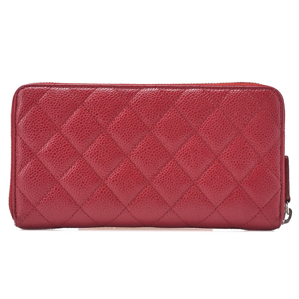 CHANEL Matrasse Round Long Wallet Caviar Skin Red Silver-Tone Hardware, Pre-Owned