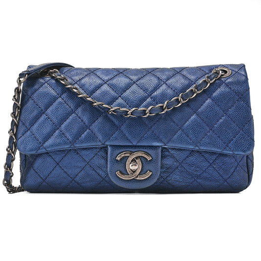 CHANEL Caviar Skin Matrasse 25cm Single Flap Chain Shoulder Blue Silver-Tone Hardware, Pre-Owned