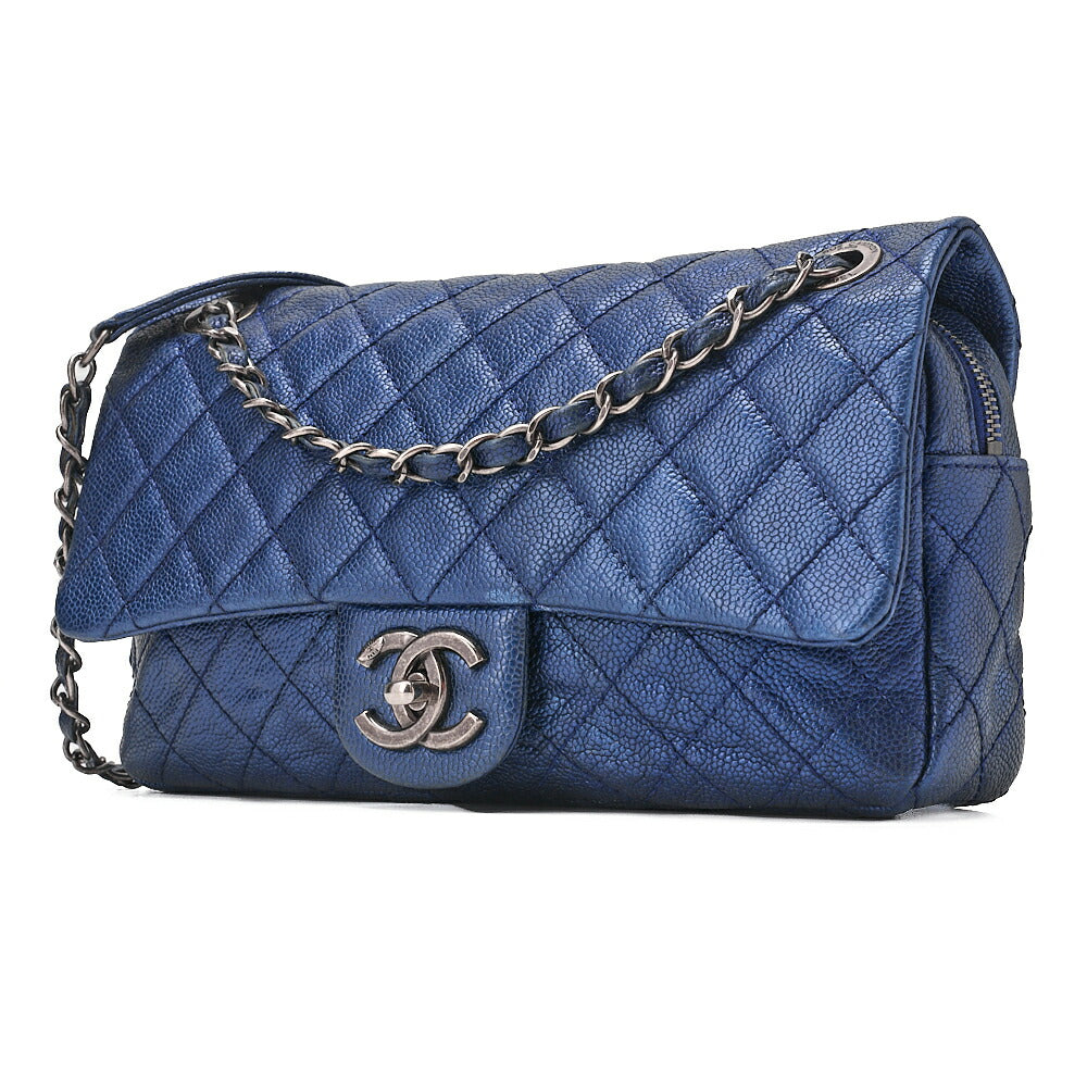 CHANEL Caviar Skin Matrasse 25cm Single Flap Chain Shoulder Blue Silver-Tone Hardware, Pre-Owned