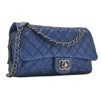 CHANEL Caviar Skin Matrasse 25cm Single Flap Chain Shoulder Blue Silver-Tone Hardware, Pre-Owned