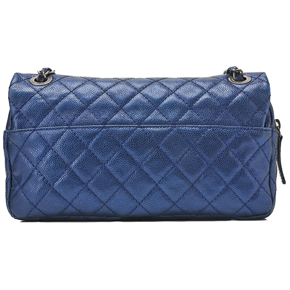 CHANEL Caviar Skin Matrasse 25cm Single Flap Chain Shoulder Blue Silver-Tone Hardware, Pre-Owned