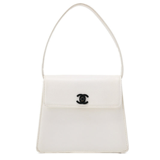 CHANEL Caviar Skin Single Turnlock One Shoulder White Black-Tone Hardware, Pre-Owned