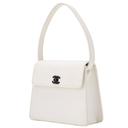 CHANEL Caviar Skin Single Turnlock One Shoulder White Black-Tone Hardware, Pre-Owned