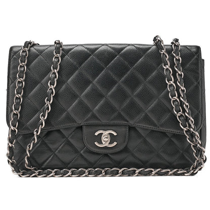 CHANEL Caviar Skin Deca Matassse 29cm Single Flap Chain Shoulder Bag Black Silver-Tone Hardware, Pre-Owned