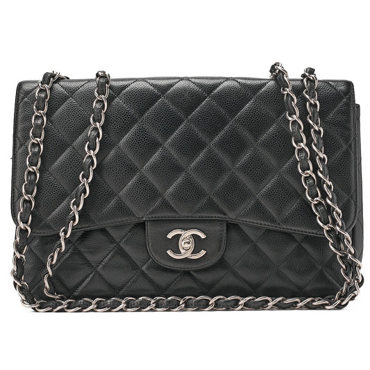 CHANEL Caviar Skin Deca Matassse 29cm Single Flap Chain Shoulder Bag Black Silver-Tone Hardware, Pre-Owned
