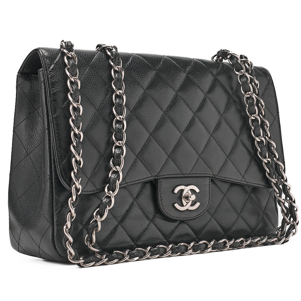 CHANEL Caviar Skin Deca Matassse 29cm Single Flap Chain Shoulder Bag Black Silver-Tone Hardware, Pre-Owned