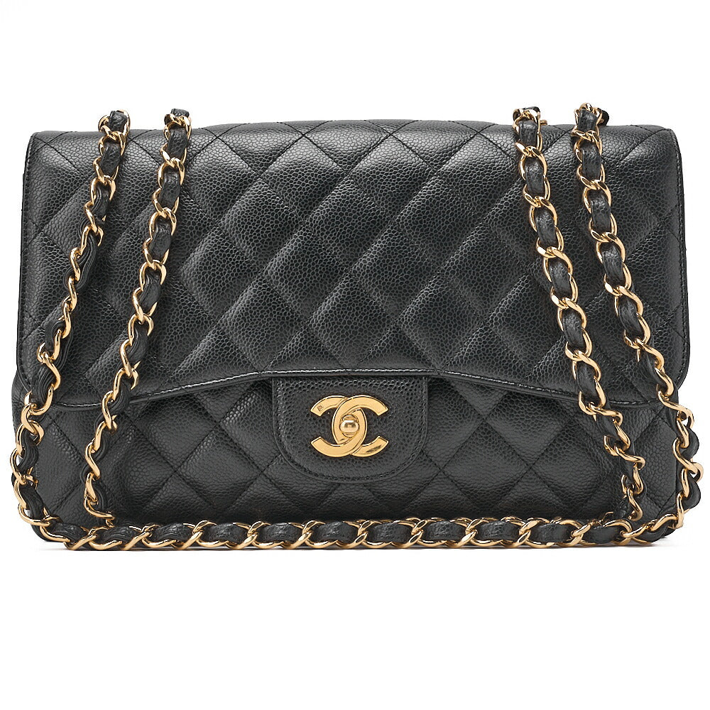 CHANEL Caviar Skin Deca Matasse 30cm Single Flap Chain Shoulder Bag Black Gold-Tone Hardware, Pre-Owned